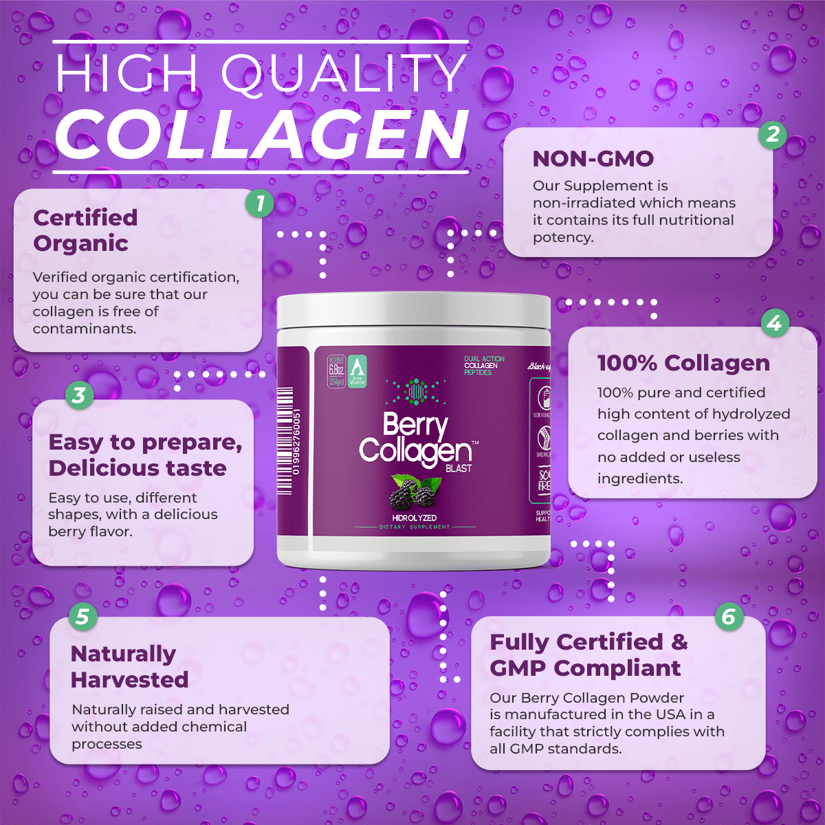 Berry Collagen Blast Powder Hydrolyzed (2) |Premium Blend Grass-fed - Soy Free | Dual Action Collagen Peptides | Support Bones and Joints | Blueberry & Blackberry | IGEN GMO - 204 Grams