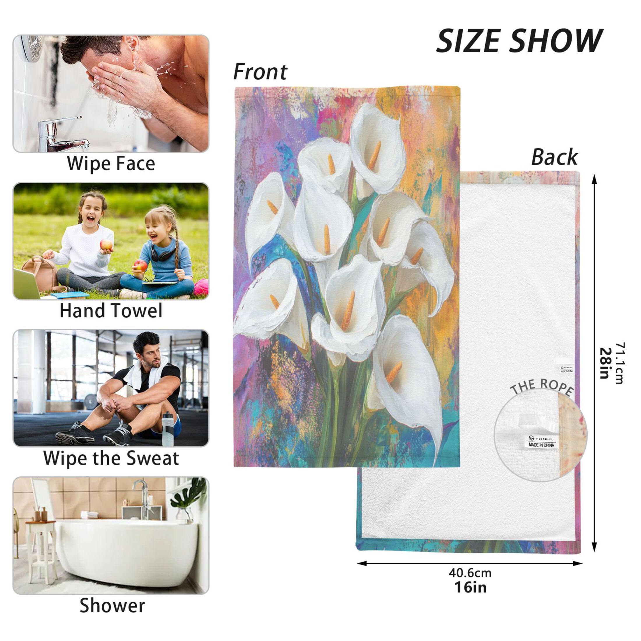 2 Pcs Absorbent Face Towel Bath Hand Towels Soft Breathable Cotton Towel Set for Bathroom Kitchen Hotel Spa Decor White Calla Lilies