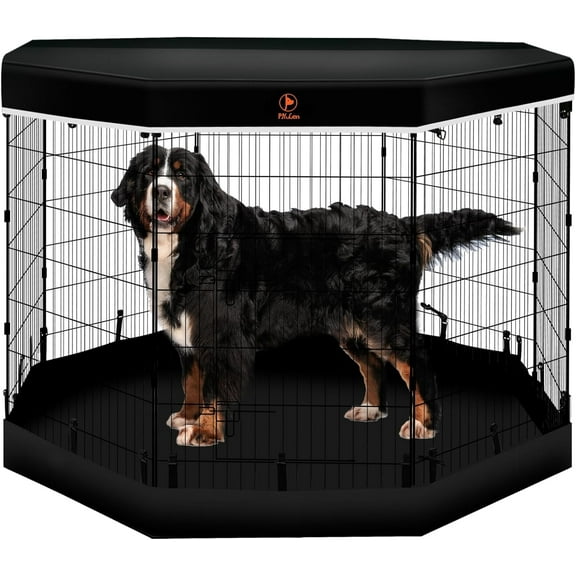 Dog Playpen - 8 Panels 42 inchH Metal Foldable Exercise Pen, Pet Fence Puppy Crate Kennel Indoor Outdoor with Top Cover & Bottom Pad for Medium Large Pets Black…