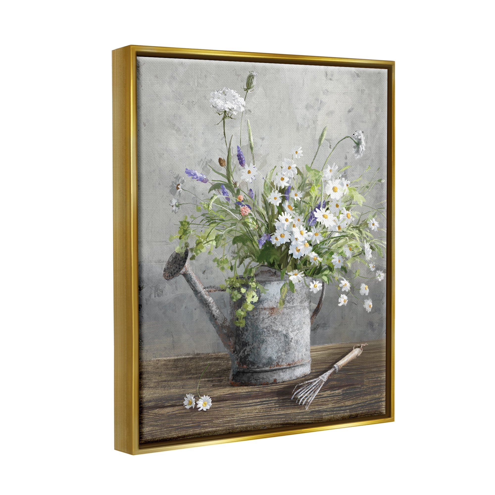 Stupell Industries Gardening Can Daisy Bouquet Botanical & Floral Painting Gold Floater Framed Art Print Wall Art, 17 x 21