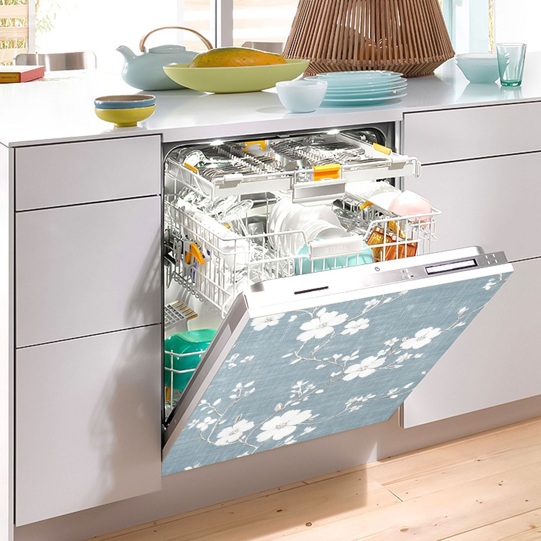Dishwasher Magnetic Sticker 23x26 Inch Refrigerator Magnetic Sticker Washing Machine Magnetic Sticker Kitchen Panel Magnetic Sticker Home Decor Cloth White Flowers