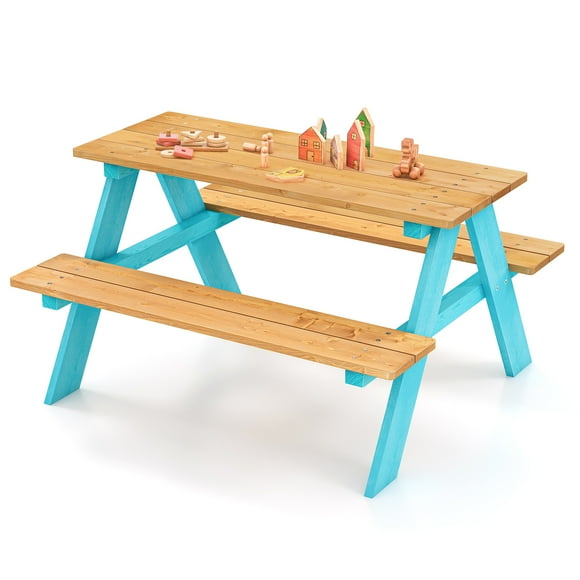 Topbuy Kids Picnic Table Set Children Indoor/Outdoor Wooden Table with Bench Fir Wood Patio Furniture for Max 4 Kids Toddler Activity Table Blue & Natural