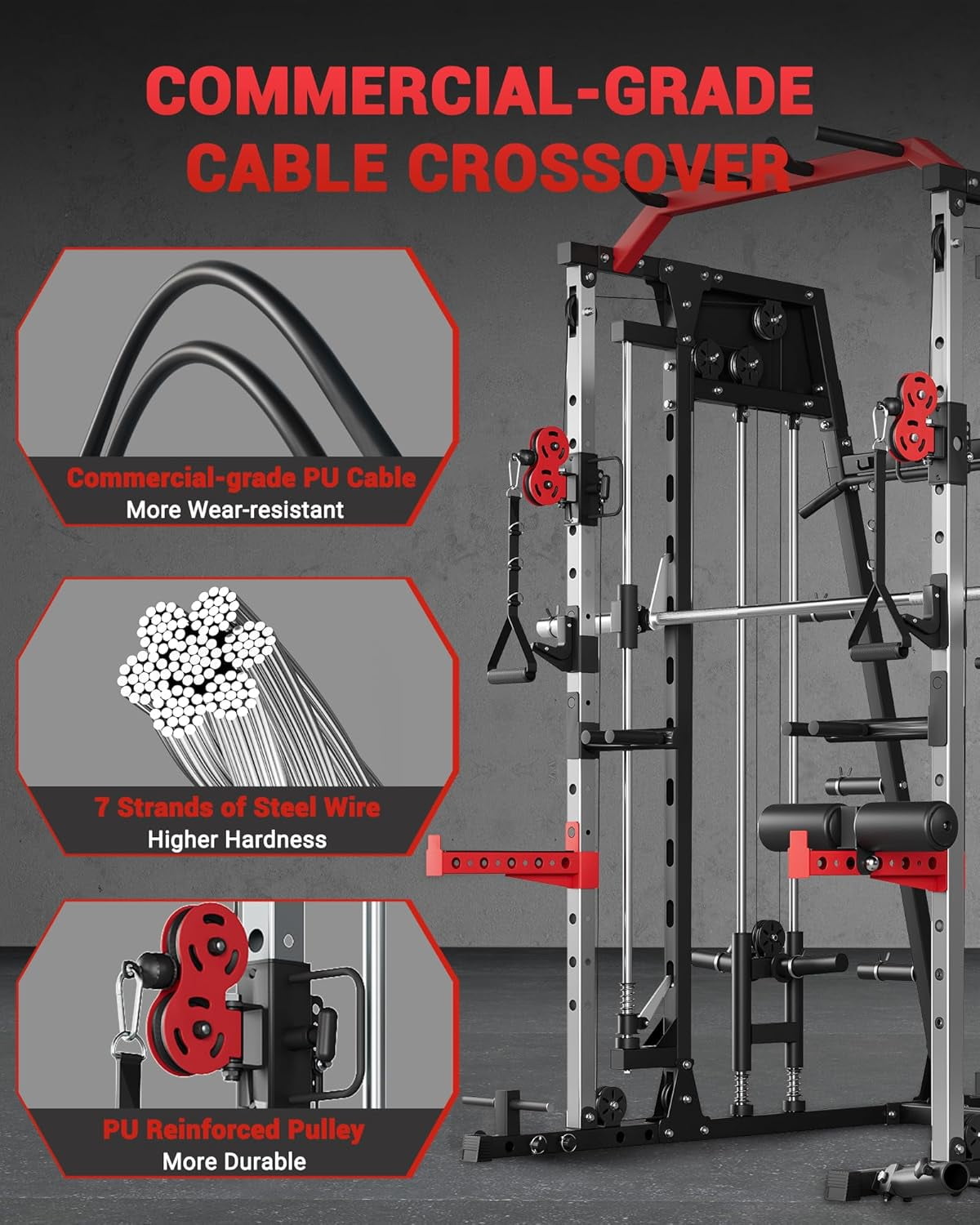 JoanKaren Pro Smith Machine with Bench,2200lbs Squat Rack with Weight Bar,LAT Pull-Down,Cable Systems,Leg Hold-Down and More Attachments,Red & Black