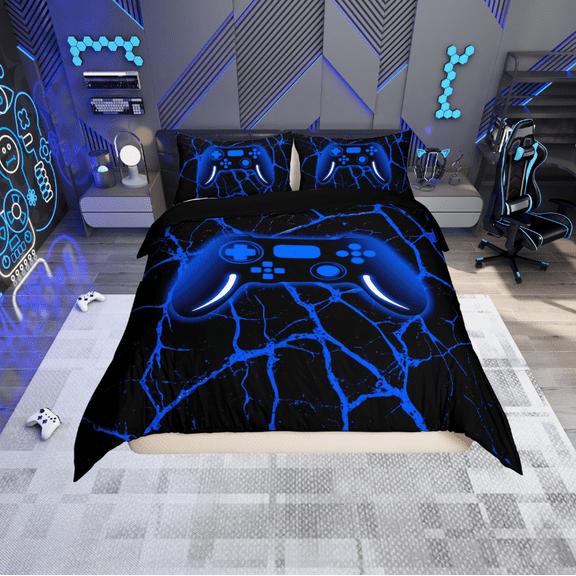 Erosebridal Video Game Comforter Cover Twin,Stripes Lines Bedding Twin Size,Black Blue Duvet Cover Twin,Microfiber Male Bedroom Decor,Reversible,2-Piece(No Comforter)