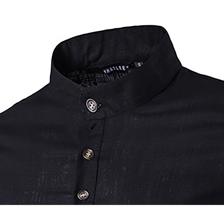 Penkiiy Men's Dress Shirts Men's Solid Color Stand-up Collar Long-sleeved  Cotton And Linen Shirt Black Shirts