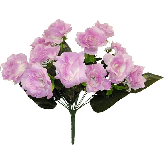 Amethyst Purple Rose with Gypsophila 21in Artificial Polysilk Faux Fake Flower Bush for Craft Home Garden Outdoor Bouquet Arrangement Ceremony Wedding Arch Floral Wall Aisle Decor (Lavender, Set of 3)