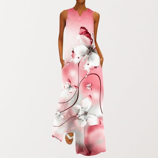 SMihono Robe Maxi Bohème d'Été pour Femmes Grande Taille Mode d'Été Imprimée Col en V Sans Manches Robe à Enfiler avec Poches Robe de Plage