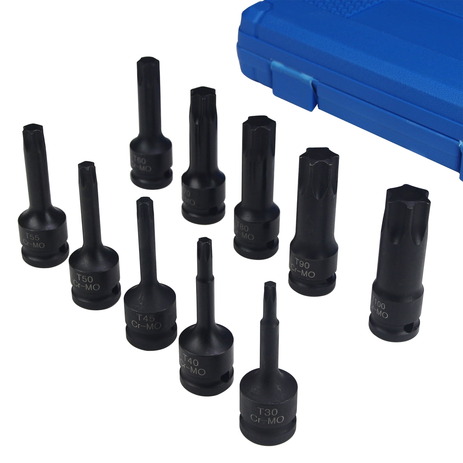 1/2 Inch Drive Torx Impact Socket Set with 10pcs Extra Long Bits, Cr-Mo Steel, Sizes T30 to T100 (T30, T40, T45, T50, T55, T60, T70, T80, T90, T100 Included), 3-Inch Bits, Complete with Storage Case