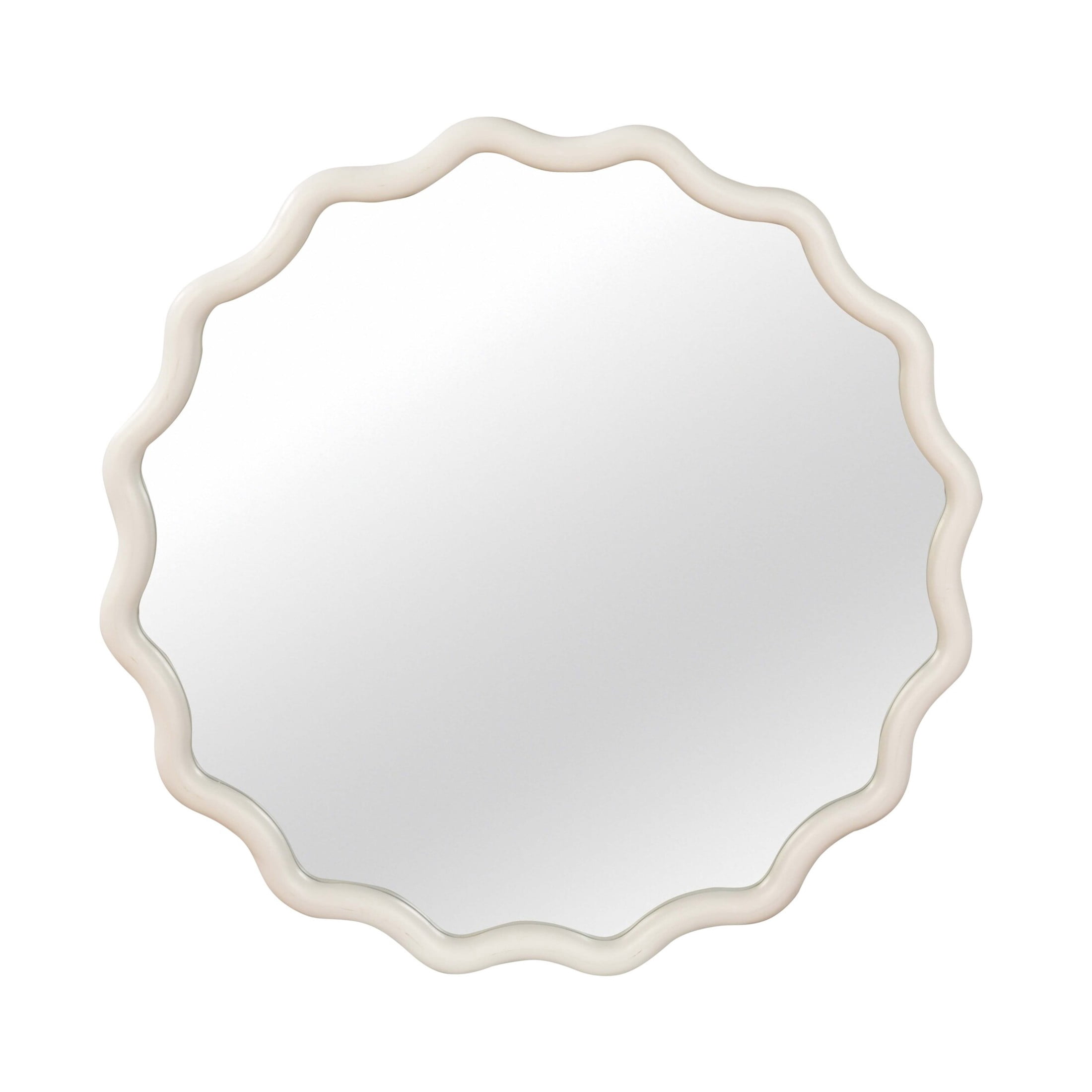 Noble House 24 Inch Wavy Round Wall Mirror, Solid Wood Decorative Vanity Mirror, White