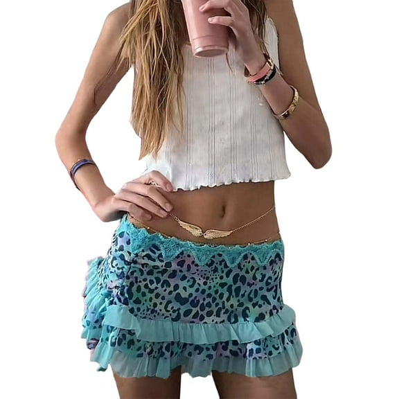 Women Y2K Lace Mini Skirt Low Rise Leopard Half Slip Skirt Contrast Ruffle Flowy Short Skirt Underskirt Lake Blue S