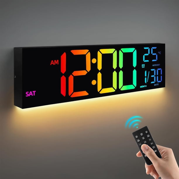 Reloj Digital De Pared, 16 Pulgadas Reloj De Pared Digital Grande, Reloj Pared Digital, 8 Ajustes De Color Rgb, Con Reloj Despertador Dual, Fecha, Temperatura, Semana, Control Remoto, 12/24 Horas