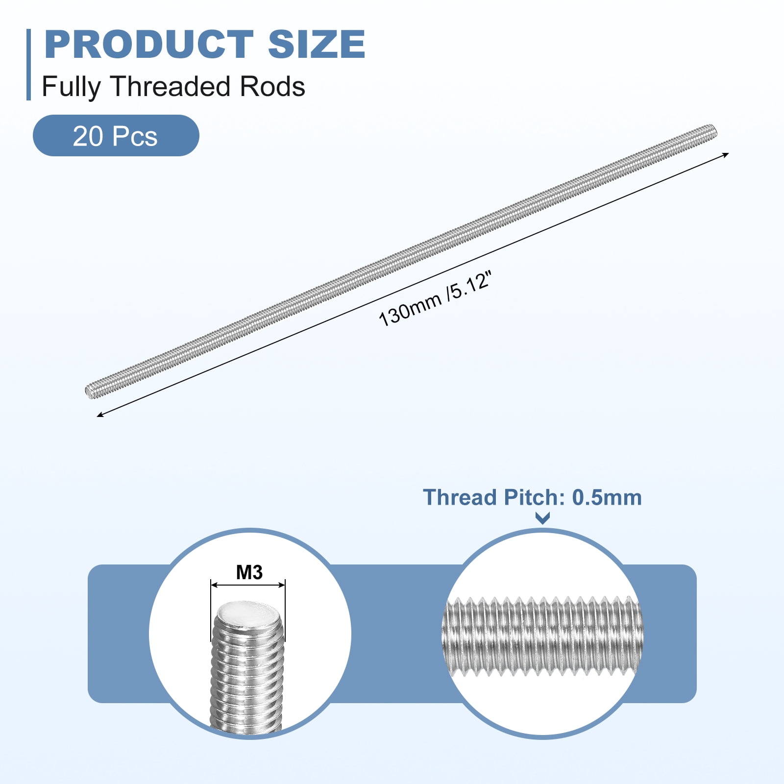 20Pcs M3-0.5x130mm Fully Threaded Rods, 304 Stainless Steel Thread Bar Studs