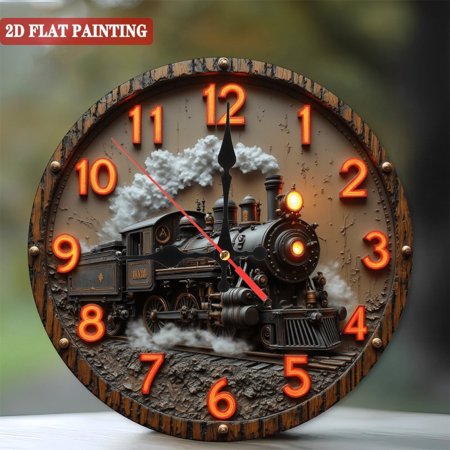Vintage Steam Train Wall Clock, Artificial Wood Round Clock, Ticking Movement, Farmhouse & Industrial Room Decor, Great Gift for Train Enthusiasts, AA Batteries Not Included