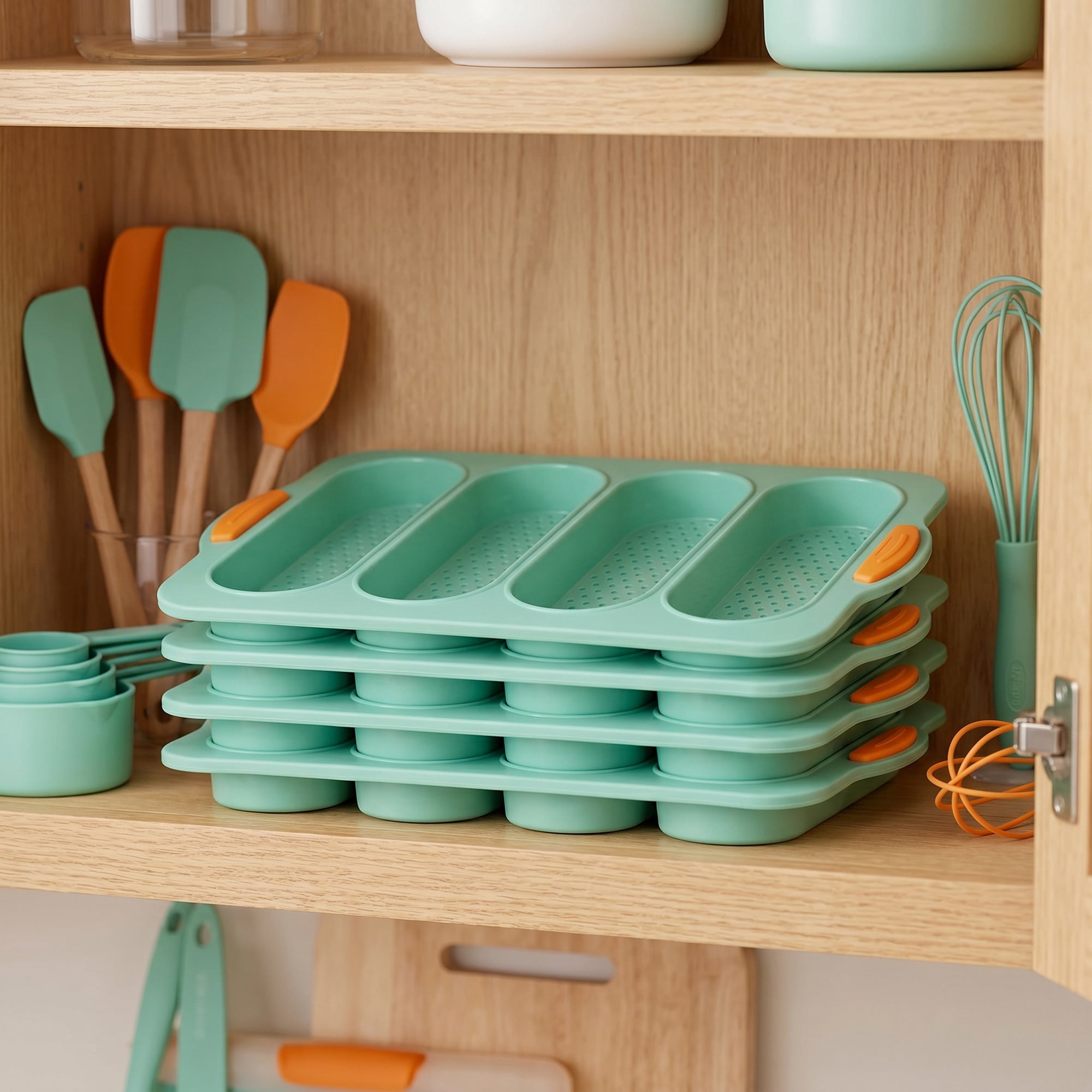 Unique Bargains Baking Pan 4-Loaf Speckled Nonstick Tray with Handles Green 13.4"x9.4"x1"