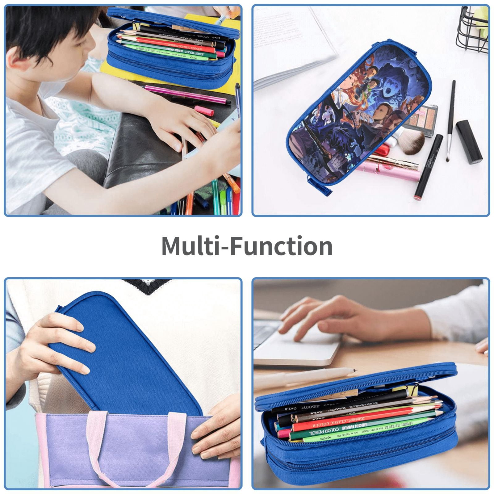 Solo Leveling Pencil Case Large Capacity Pencil Pouch Pen Bag Office Stationery Organizer Travel Makeup Bag Blue