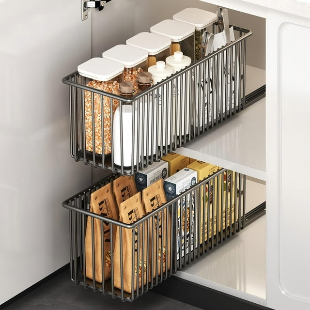 2 piezas Organizador de Gabinete Extraíble, No Drill con, Organizador de Cajones de Cocina, Cajones Extraibles para Cocina, Adecuado para cocina/baño, etc, 41×15.3×16 cm, Negro