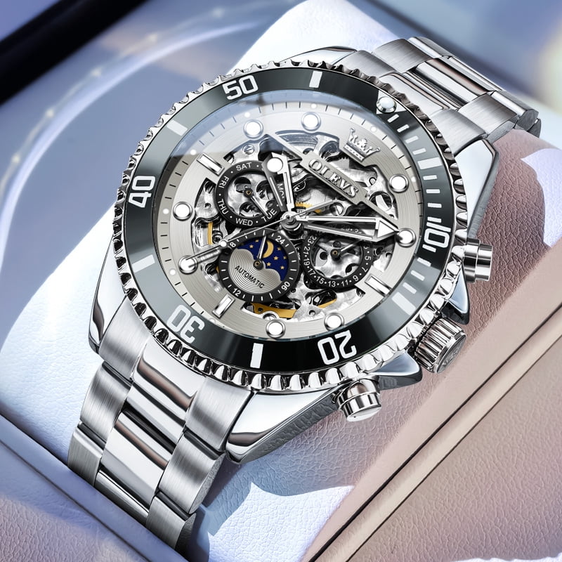 OLEVS Automatic Watches for Men Skeleton Self Winding Mechanical Fashion Dress Chronograph Moon Phase Stainless Steel Waterproof Luminous Mens Wrist Watches Gift Reloj Para Hombre