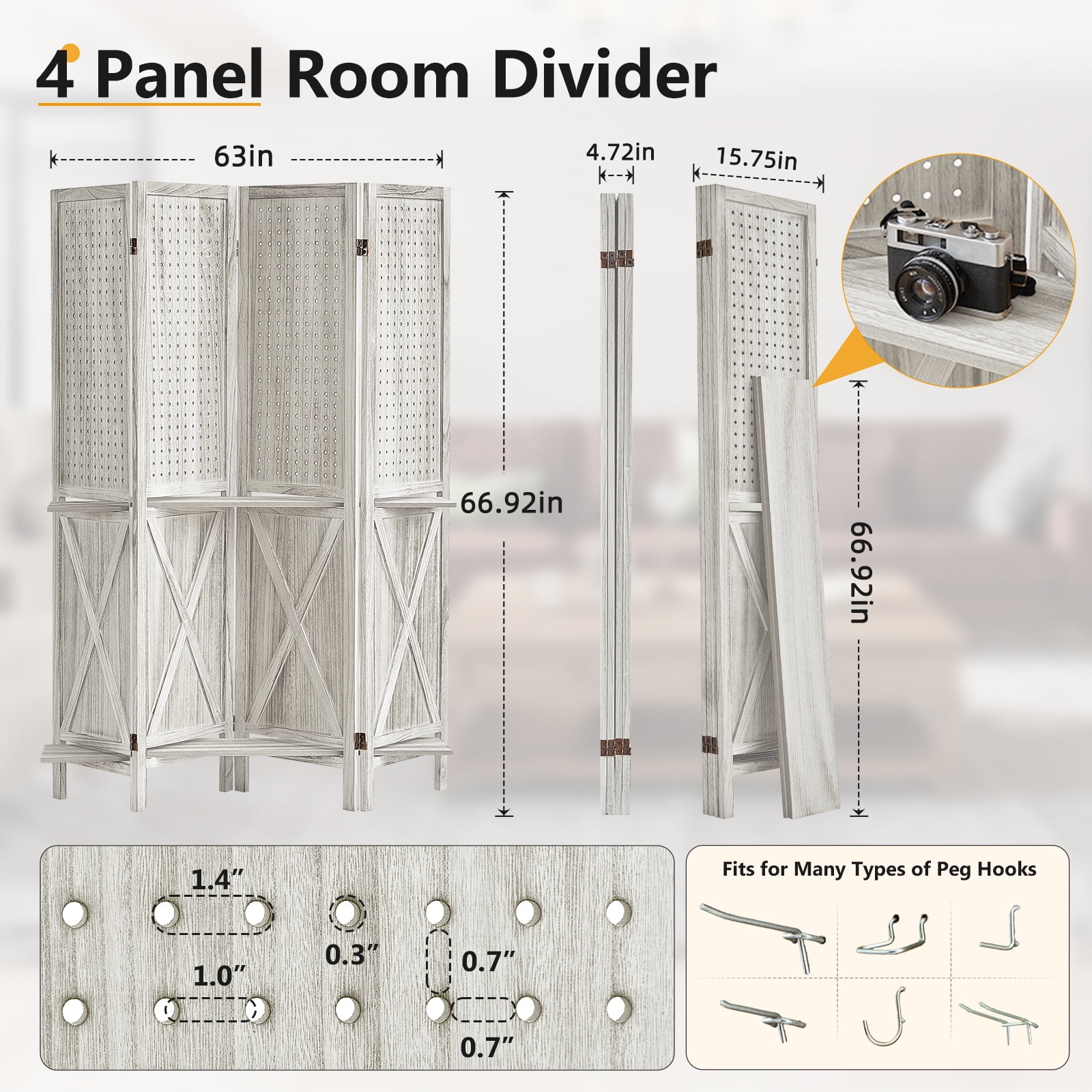 Aletheiawu 4 Panel Wood Pegboard Display with 16 Hooks, Wood Folding Room Divider, No Installation Required, White