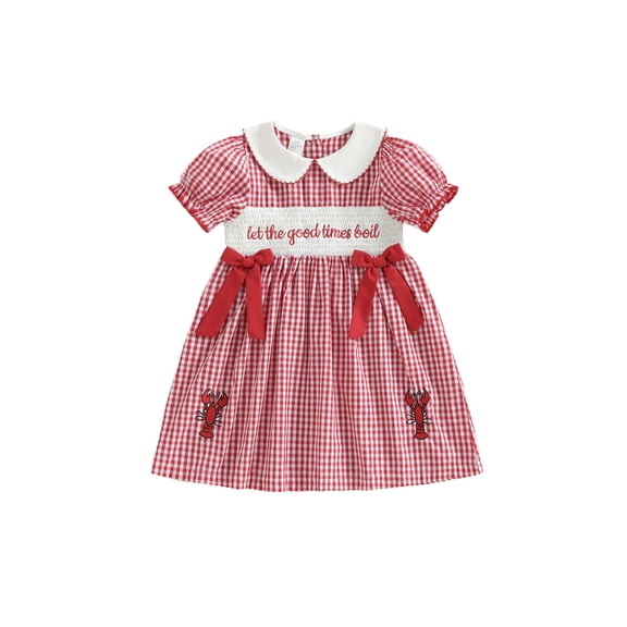 BemeyourBBs Kids Toddler Baby Girl Summer Smocked Dress Crayfish Outfits Let the Good Times Boil Letter Lobster Embroidery Doll Collar Plaid Gingham Dress