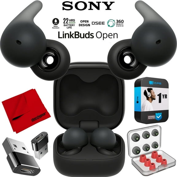 Sony WFL910/B LinkBuds Open Truly Wireless Earbud Headphones with Mic Black Bundle with 6 Pairs of In-Ear Earbud Tips, Converter Adapter, Cleaning Cloth and 1 YR CPS Enhanced Protection Pack