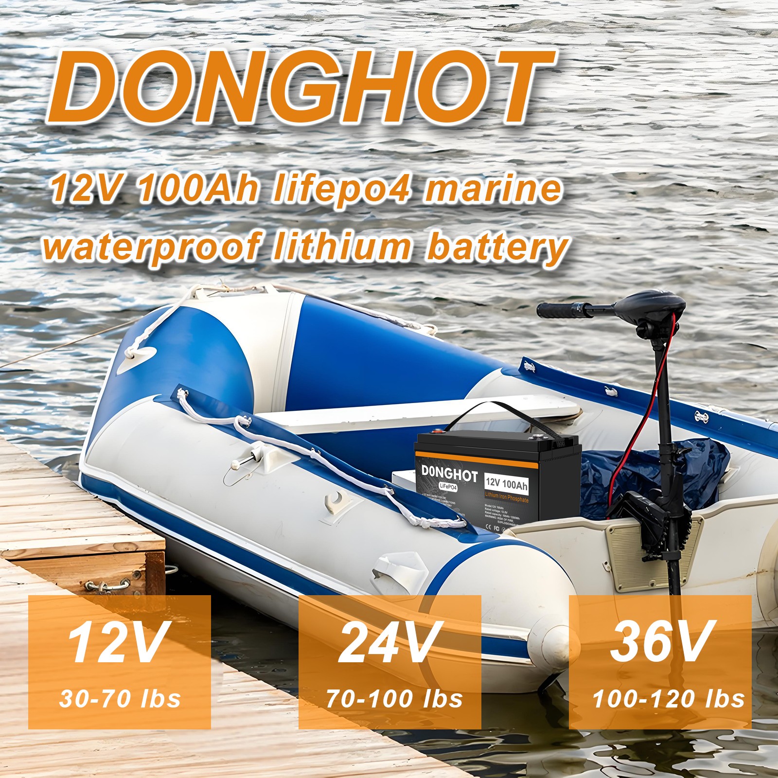 D0NGHOT 100Ah LiFePO4 Lithium Battery for Trolling Motor 12 Volts Deep Cycle Marine Battery for Boat RV