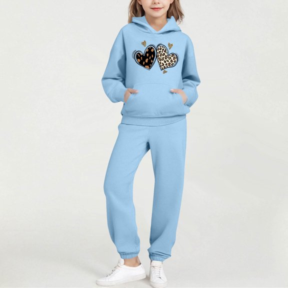 BRGZLK Trendy Girls Outfits Bow Print Round Neck Long Sleeve Hooded Sweatshirt Regular Shoulder Sweatshirt with Pocket Sweatshirt and Sweatpants Two Pieces Set Blue 13-14 Years