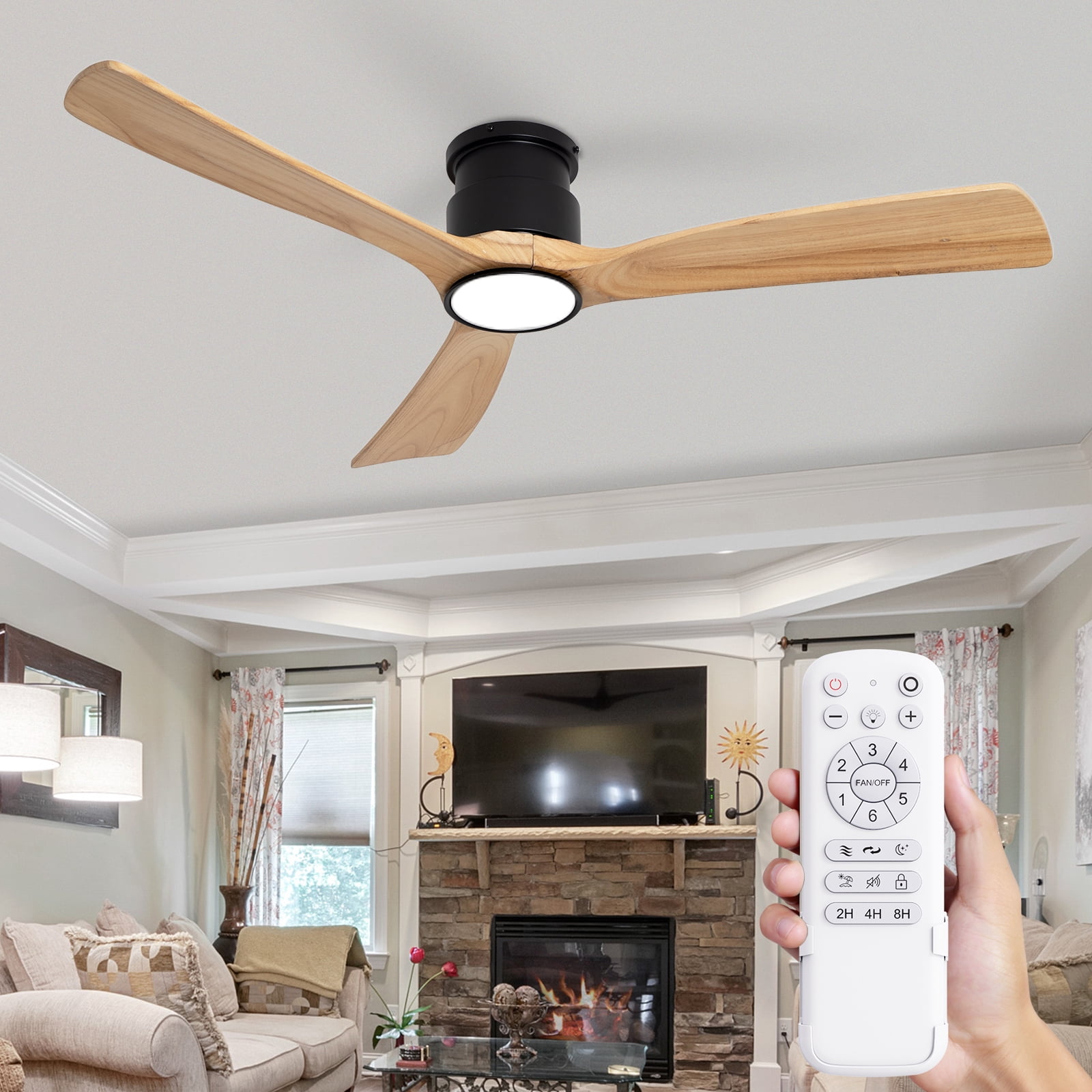 Wozzio 52'' Natural Log Recessed Mount Ceiling Fan Light with Lighting And Remote Control, Log Colour Wooden Fan Blade, Silent Reversible DC Motor, Light Memory, 6 Speed