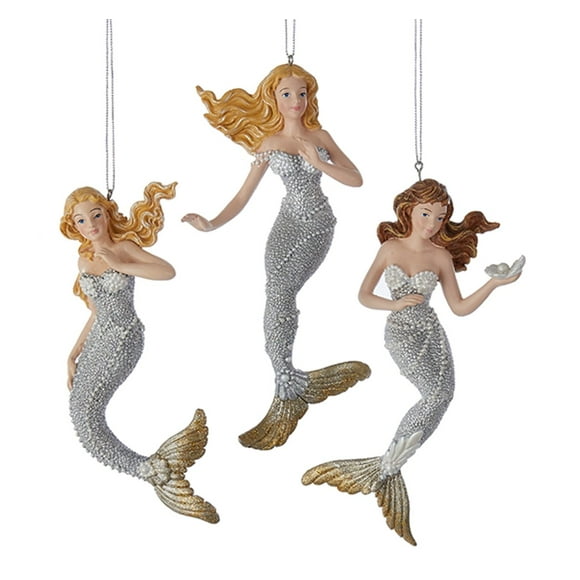 Kurt Adler Silver and Gold Under The Sea Mermaids Holiday Ornaments Set of 3