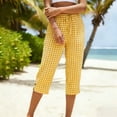 thumbnail image 3 of Gingham Capris for Women Petite Linen Cropped Pant Lightweight Dressy Casual Wide Leg Elastic Waist Summer Pull on Ladies Palazzo Capri Trouser with Pockets Yellow 2XL, 3 of 6