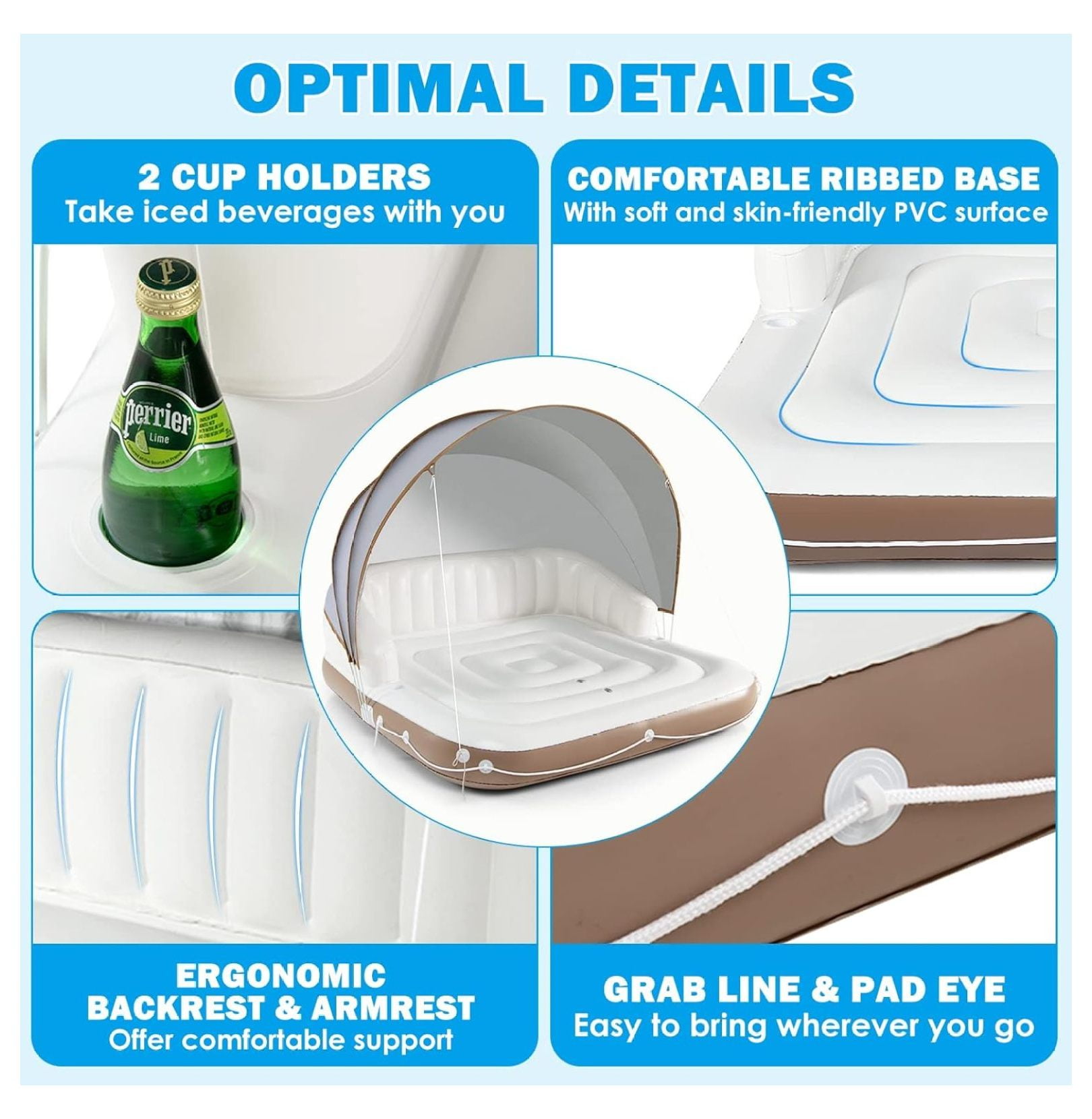2-3 Person Inflatable Pool Float, 71”x71” Giant Inflatable Island Bed with UPF50 Retractable Canopy & Built-in Cup Holder, Load 440LBS, Blow-up Floating Lounge Island for Pool Lake Beach
