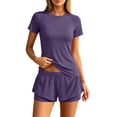 thumbnail image 3 of VBVC Women's Short Sleeve 2 Piece Running Shorts Sets , Quick Dry Athletic Workout Outfits For Women , Ladies' Double Layer Gym Track Sets with Pockets,Purple,S-XL, 3 of 7
