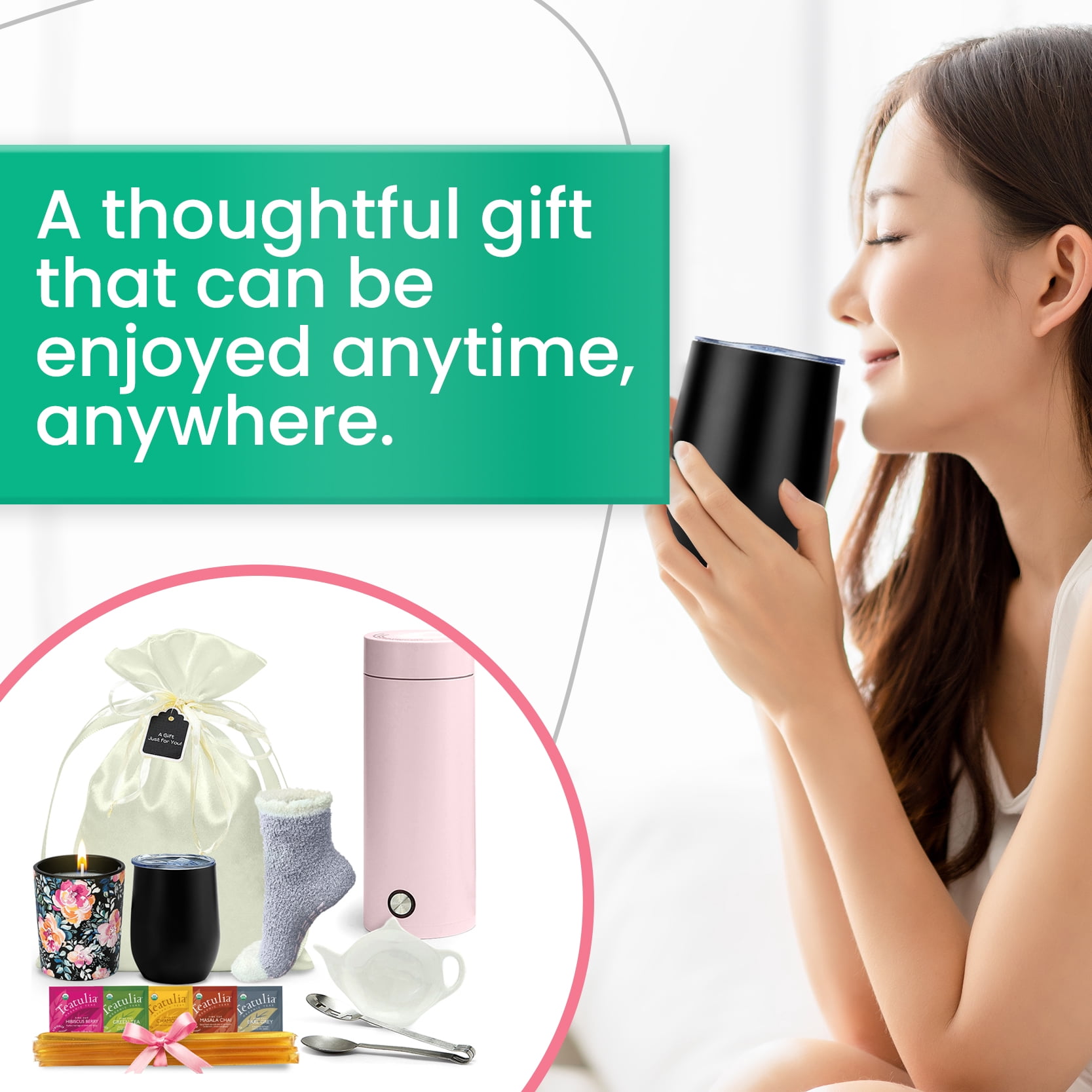 Tea Gift Basket for Women Birthday Gift Set with Portable Kettle and Grippie Socks