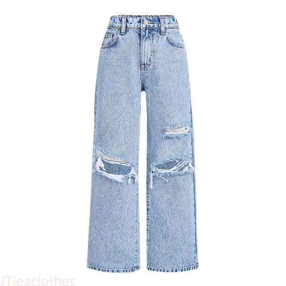 JTieacloth Girls Jeans for Casual Jeans Wide Leg Baggy Denim Pants High Elastic Waisted Cute Bow Trousers Casual Kids Streetwear,Sizes 6-7 Years