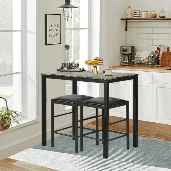 NiamVelo Dinning Table Set 3 Pieces Faux Marble Dining Table Set Rectangular Kitchen Table Set Counter Height Dining Table, Bar Table and 2 Cushion Chair, Kitchen Furniture for Small Spaces
