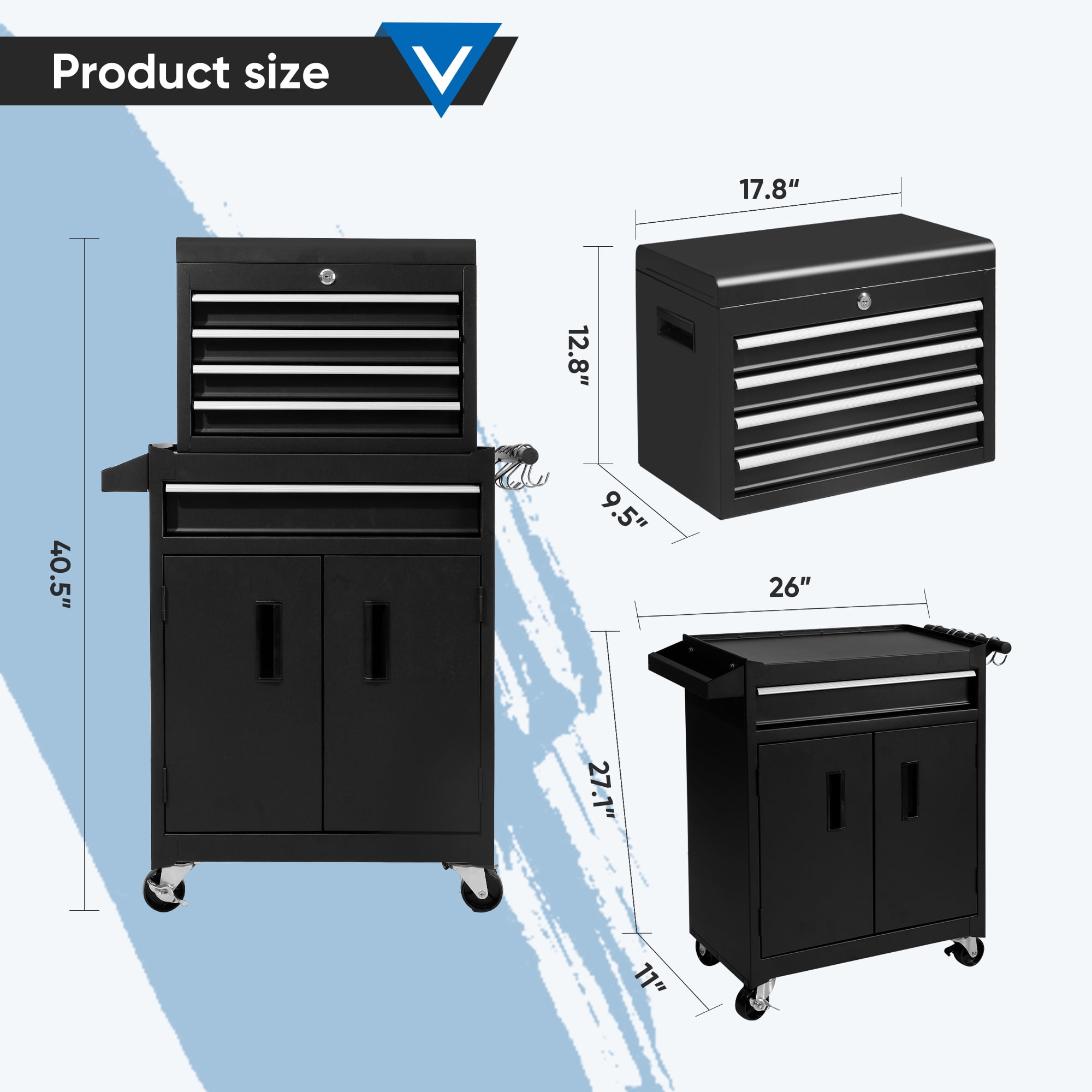 Steelite  26-Inch Tool Chest & Storage Cabinet, 5 Drawers Rolling Tool Chest with Detachable Top Tool Box for Garage Warehouse Workshop, Rolling Garage Organizer with Handle and 6 Hooks