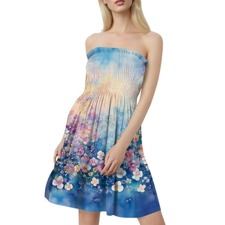 JGNGSHN Summer Dresses for Women A-Line Smocked Tube Dress Beach Cover Ups Strapless Boho Floral Print Sundress