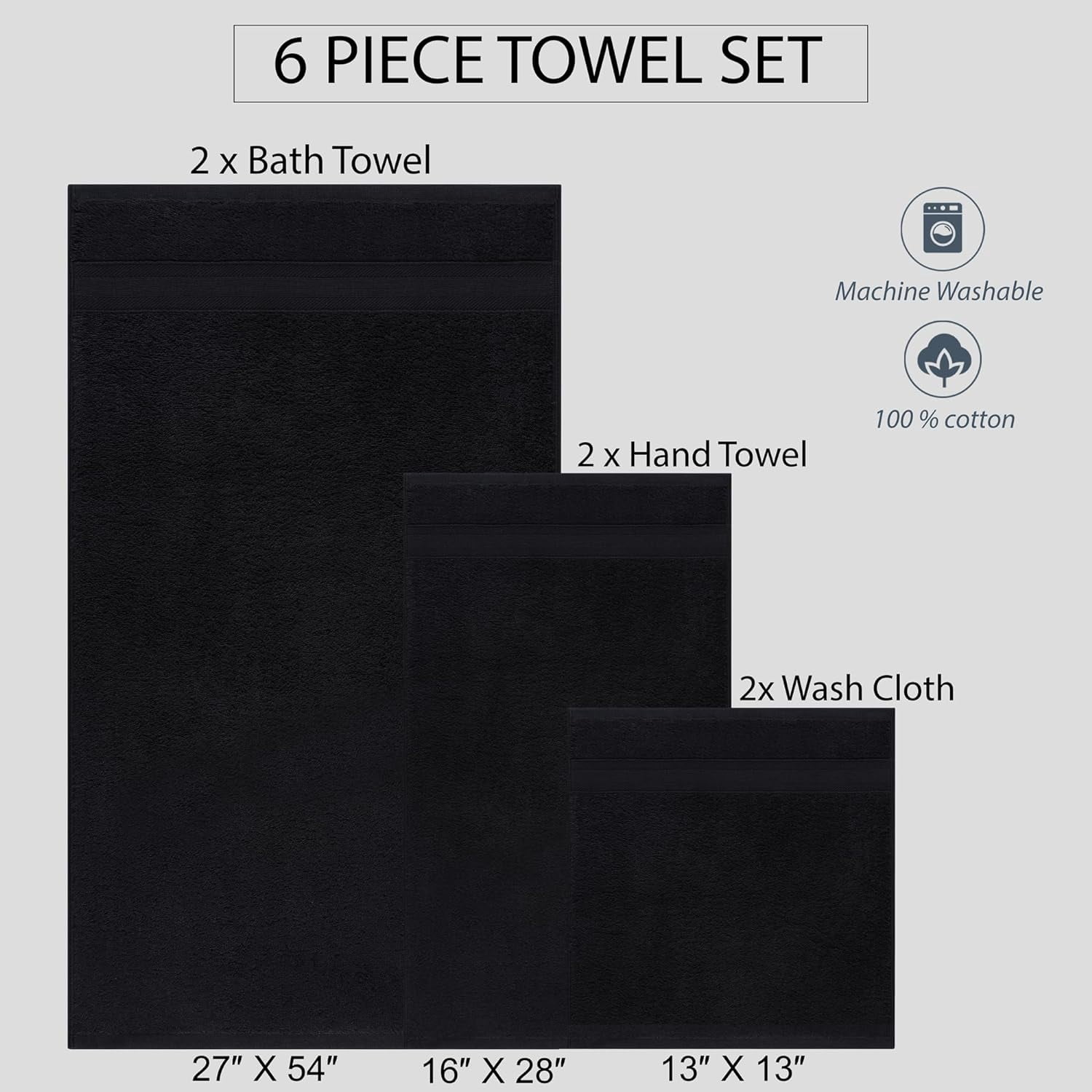 Quick-Dry, Soft & High Absorbent Bath Towels Cotton Turkish Bath Towel Set of 6 | Daily Use 100% Cotton Towels for Bathroom, Gym & More | Bathroom Towels Set (6 Pcs, Black)