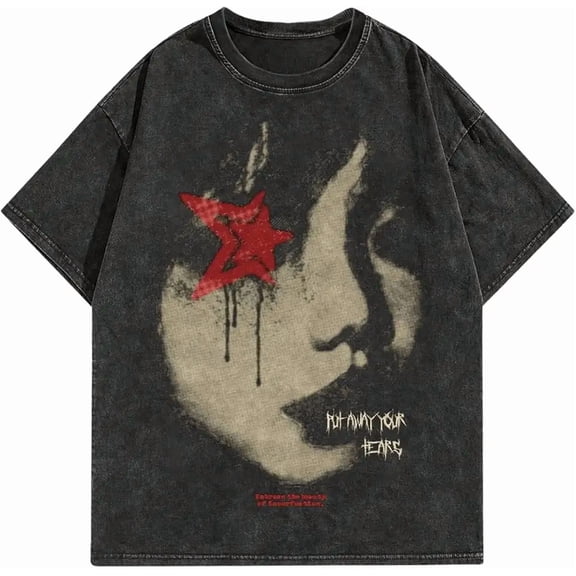 VIPWOLF Men's Graphic Oversized Short Sleeve Tee Shirt Y2K Vintage Cool Acid Wash Streetwear Summer T-Shirts