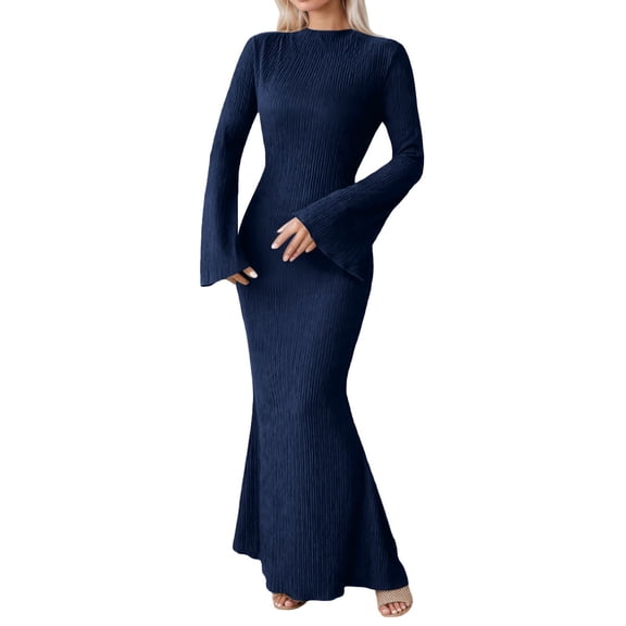 Maxi Dress for Women Women's Stylish Casual Bodycon Dress with Long Sleeves and Crew Neck Solid Color Slim Fit Tunic Blue L