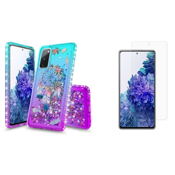 Bemz Liquid Quicksand Case for Samsung Galaxy S20 FE (with 2 Pack of Tempered Glass Screen Protectors and Touch Tool) - Dreamcatcher Flowers (Teal/Purple)