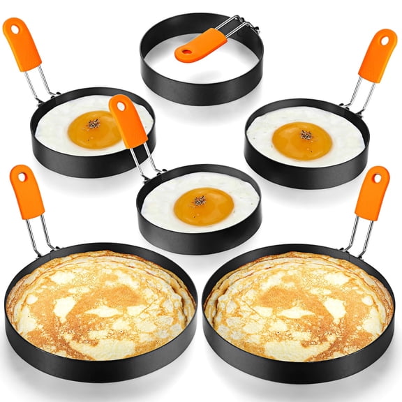6 Pcs Professional Egg Ring Pancake Ring Set Stainless Steel Fried Egg Molds Griddle Pancake Shapers with Orange Silicone Handle for Breakfast Omelette Sandwich(4, 6 Inch)
