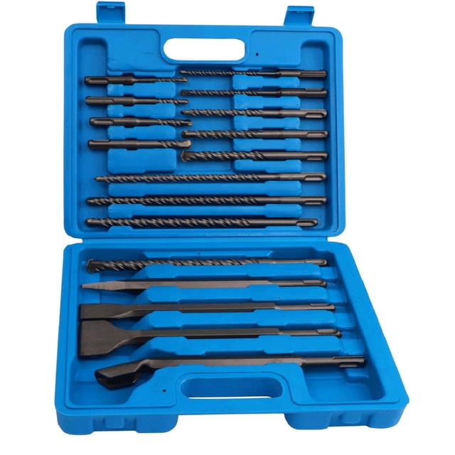 juego de brocas y cinceles para concreto rork mt-008 juego de 13 brocas SDS (p. ej. 3/16" y 9 1/2") y 4 cinceles (14 x 250 mm y variantes) en estuche plástico azul, vista frontal abierta con brocas alineadas en la tapa y cinceles planos en la base, piezas color gris.