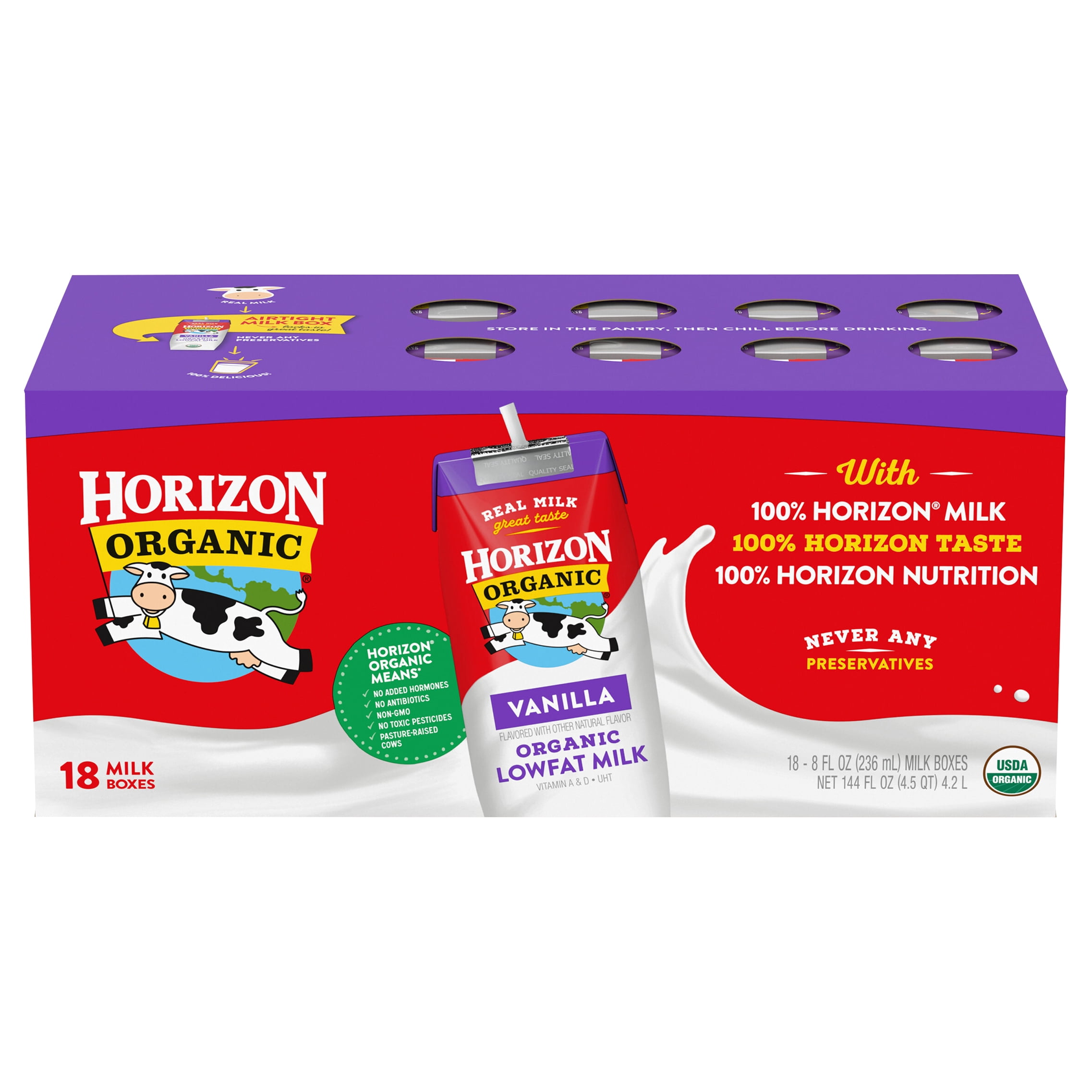 Horizon Organic Shelf-Stable 1% Low Fat Milk Boxes, Vanilla, 8 fl oz, 18 Pack