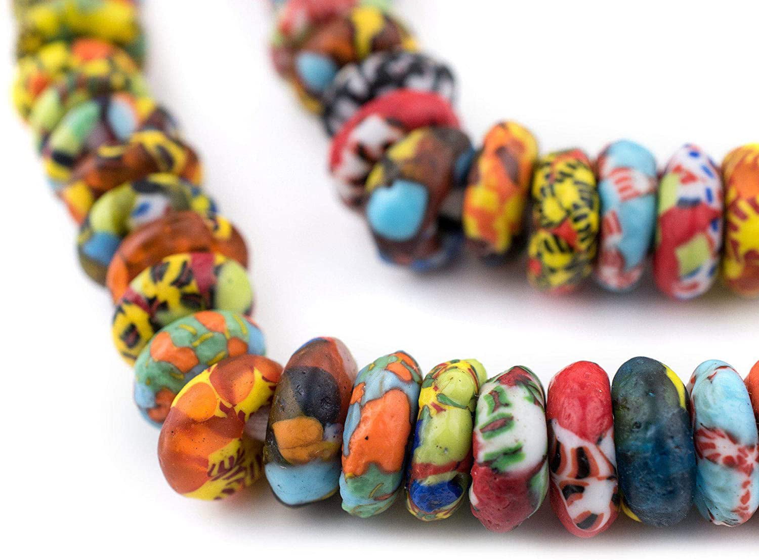 House Medley Fused Rondelle Recycled Glass Beads 15mm Ghana African Multicolor 
