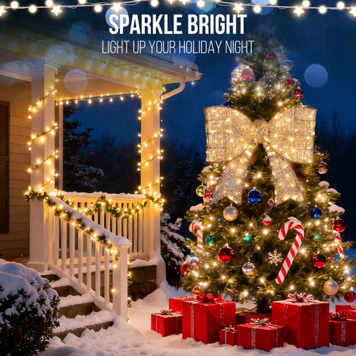 28.3in Pre-Lit Outdoor Christmas Bowknot, 124 Warm White LEDs, Sparkling Tinsel Fabric, Collapsible for Indoor/Outdoor Use