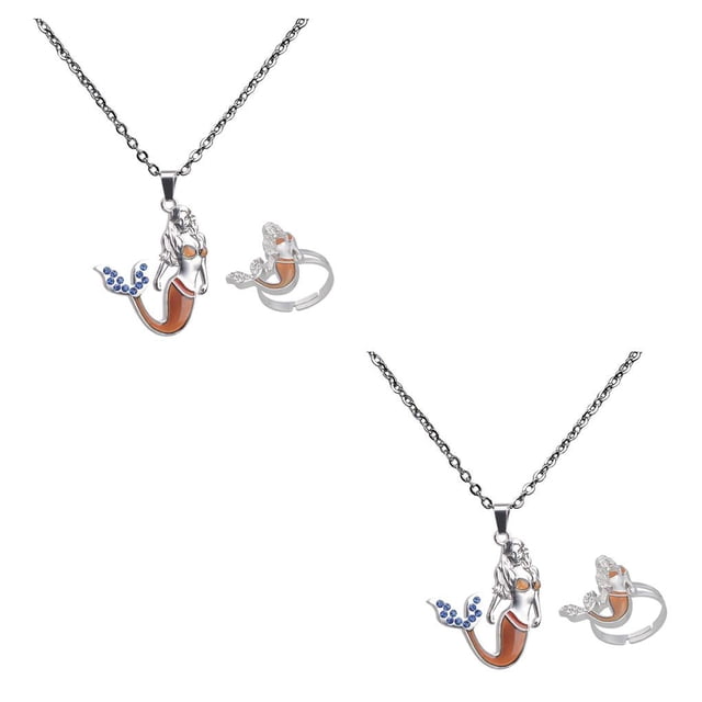 Qarigey Women Mood Change Color Moon Charm Shape Set Gem Jewelry Necklace Ring 2piezas Sirena