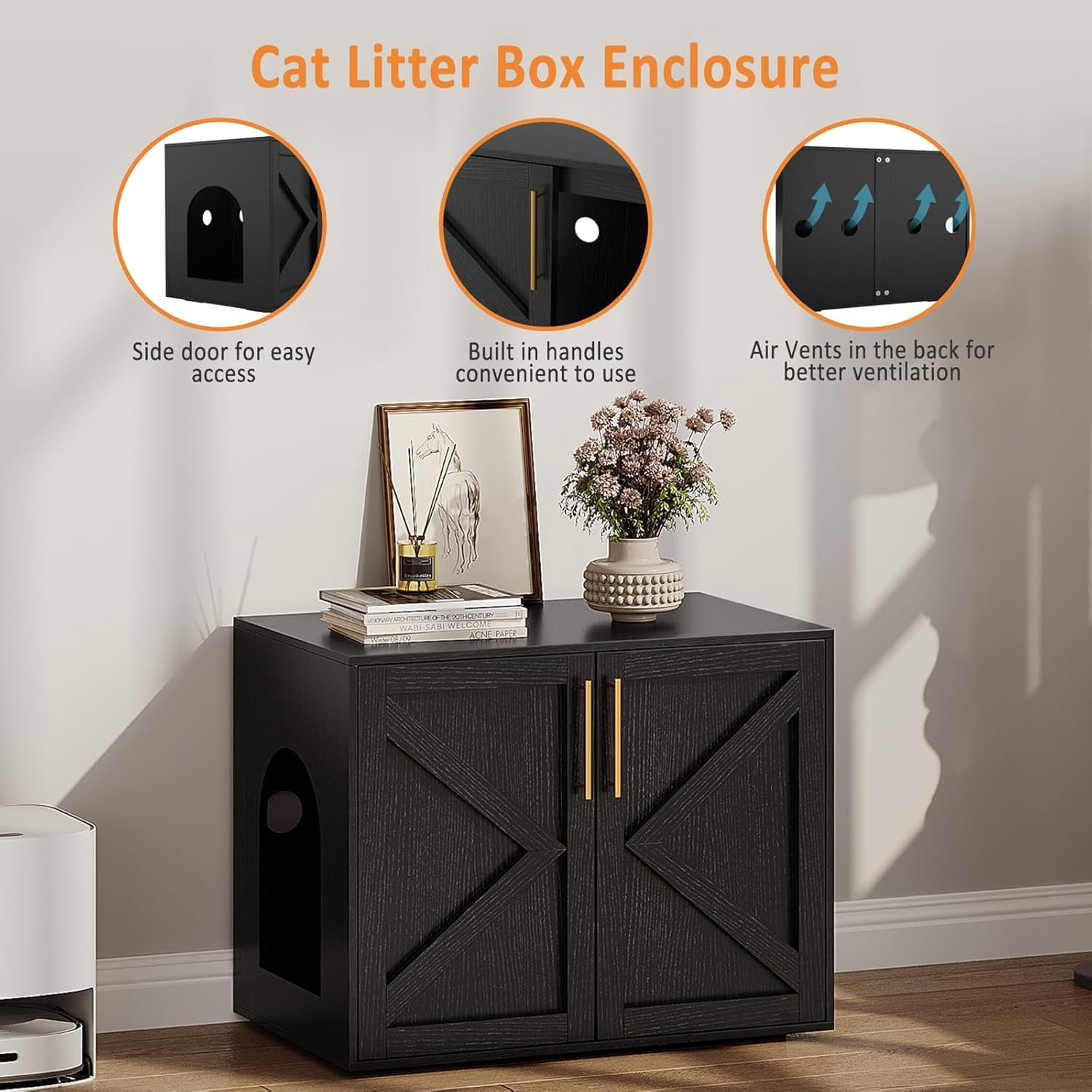 Garvee Cat Litter Box Enclosure, Hidden Cat Litter Box Cabinet with Double Doors, Ventilation, and Cushion Pads, Farmhouse Wooden Kitty Furniture for Cats and Small Pets, Black
