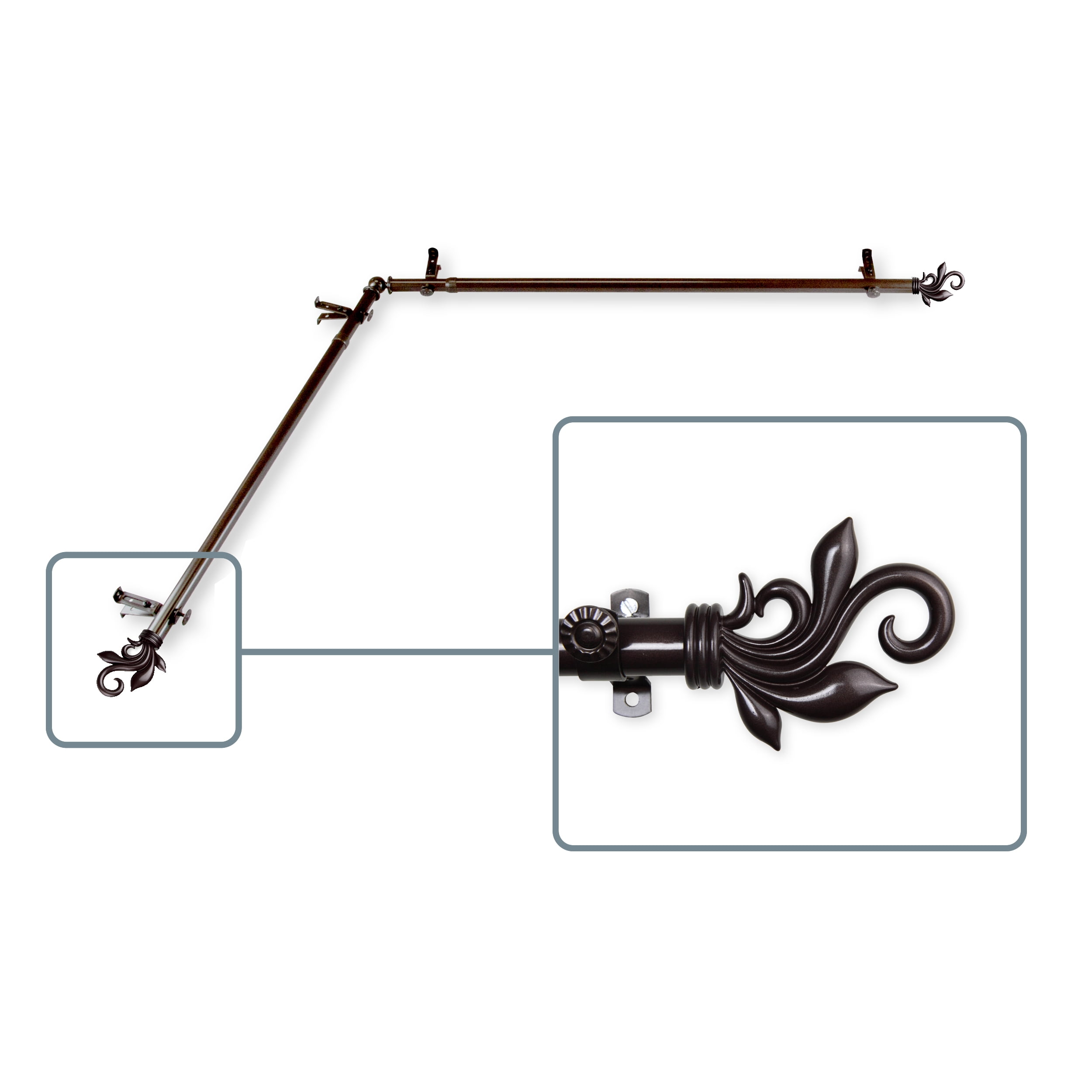 Central Design 4874-667-CORNER 0.8125 in. Giles Corner Window Curtain Rod with 66 to 120 in. Extension, Cocoa