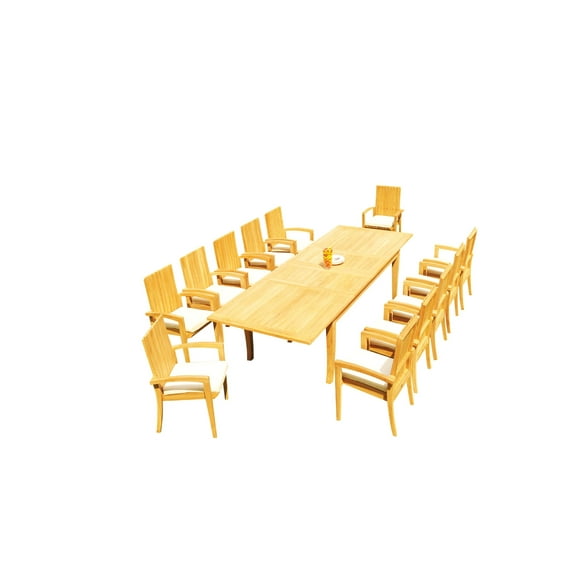 Grade-A Teak Dining Set: 12 Seater 13 Pc: 122" Atnas Rectangle Table And 12 Goa Stackng Arm Chairs Outdoor Patio WholesaleTeak #51GO2813