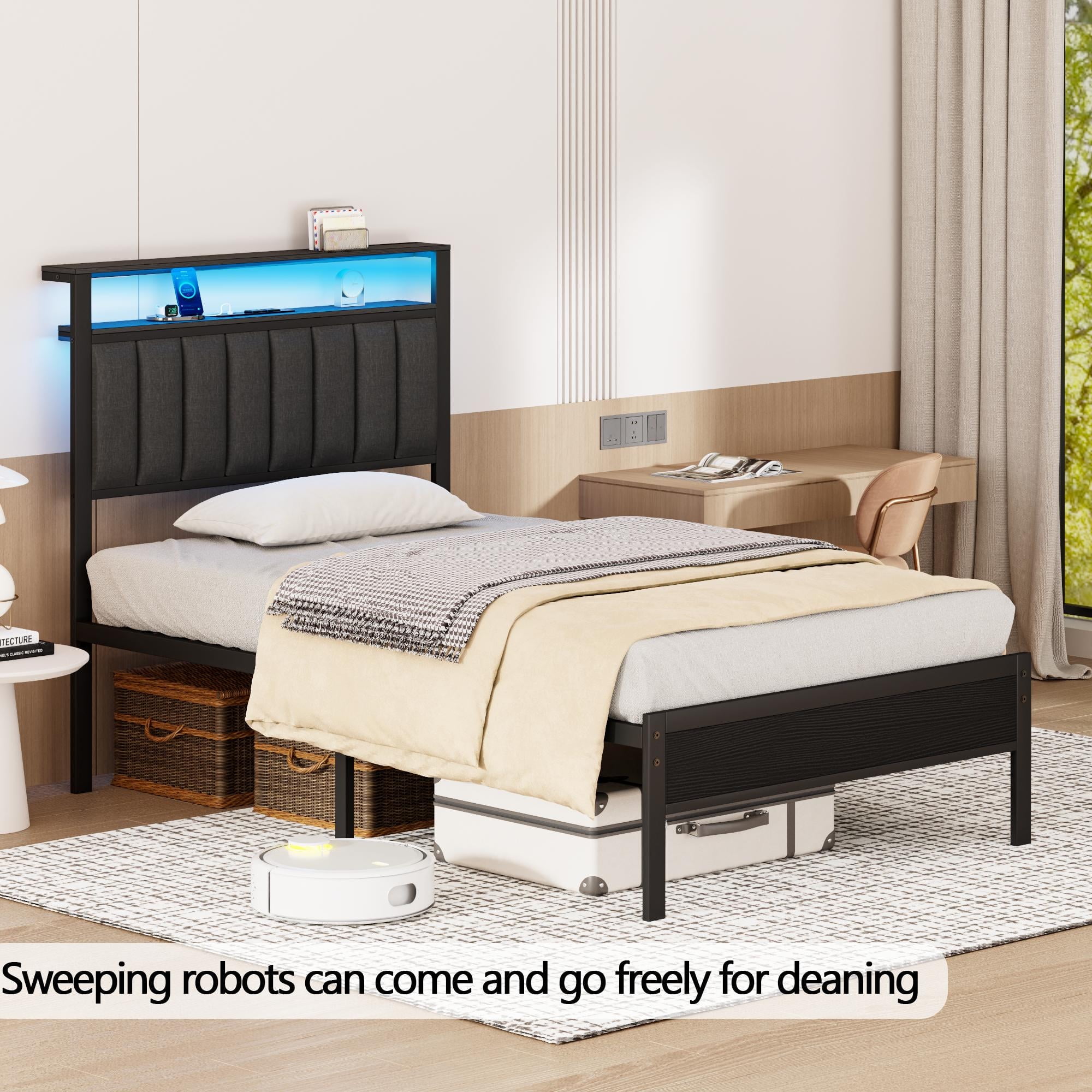 Tydimor Twin Size Platforrm Bed Frame with Charging Station, LED Standard Storage Space Bed for Bedroom, No Box Spring Needed